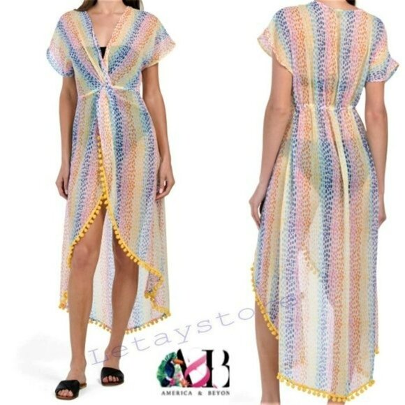 NWT AMERICA & BEYOND Semi-Sheer Cheetah Rainbow Stripes Cover-Up Dress - Picture 1 of 6